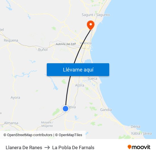 Llanera De Ranes to La Pobla De Farnals map