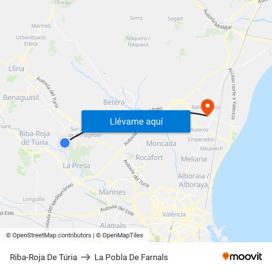 Riba-Roja De Túria to La Pobla De Farnals map