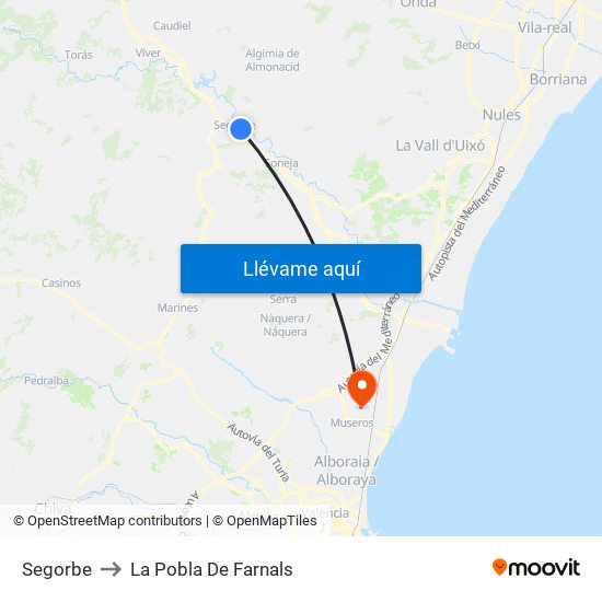 Segorbe to La Pobla De Farnals map