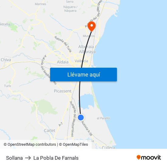 Sollana to La Pobla De Farnals map