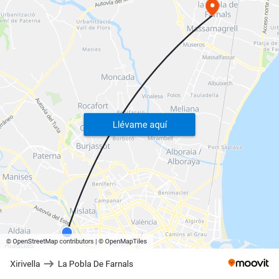 Xirivella to La Pobla De Farnals map
