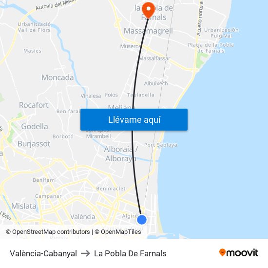 València-Cabanyal to La Pobla De Farnals map