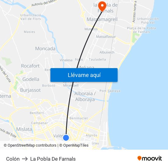 Colón to La Pobla De Farnals map