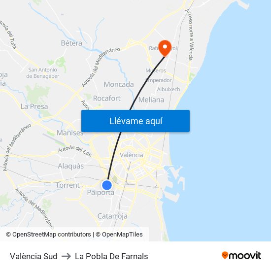 València Sud to La Pobla De Farnals map