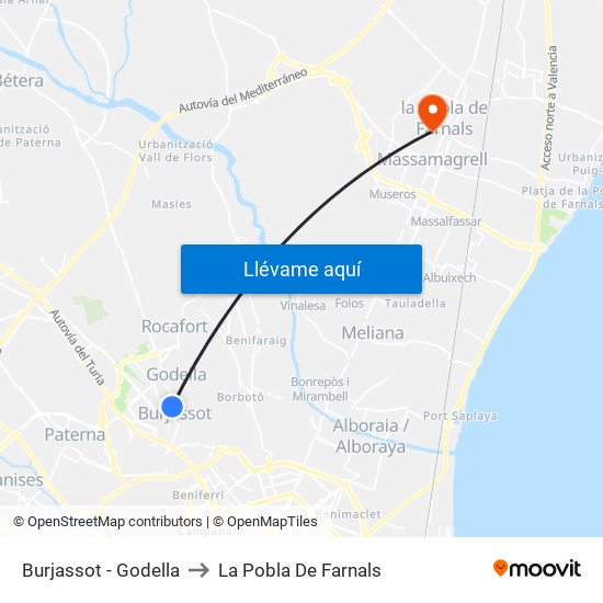 Burjassot - Godella to La Pobla De Farnals map