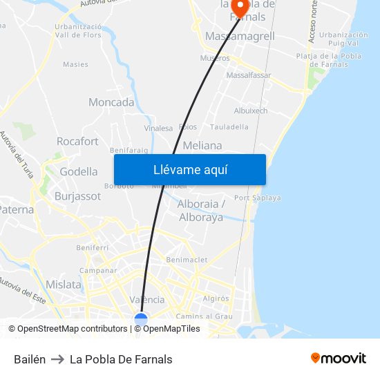 Bailén to La Pobla De Farnals map
