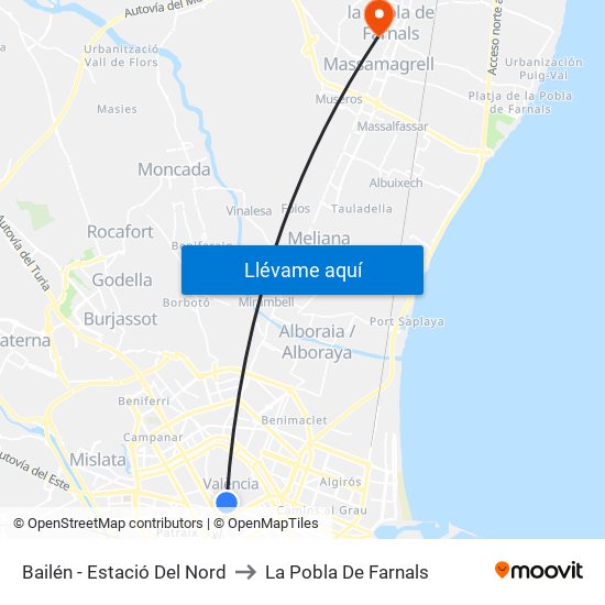 Estació Del Nord - Bailén to La Pobla De Farnals map
