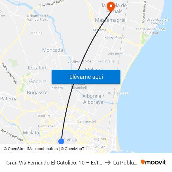 Gran Vía Fernando El Católico, 10 – Estació Metro Ángel Guimerá [València] to La Pobla De Farnals map