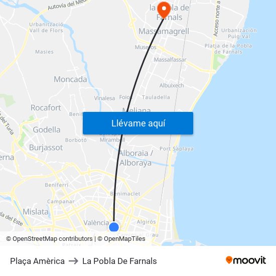Plaça Amèrica to La Pobla De Farnals map