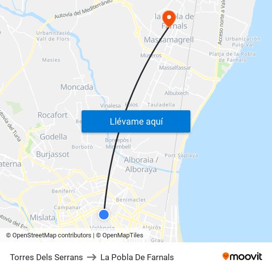 Torres Dels Serrans to La Pobla De Farnals map