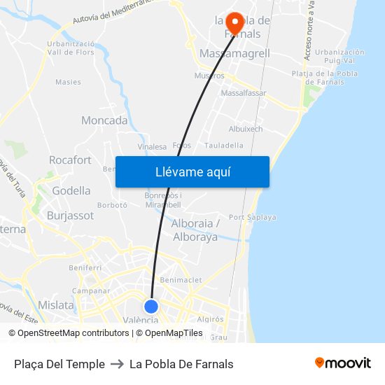 Plaça Del Temple to La Pobla De Farnals map
