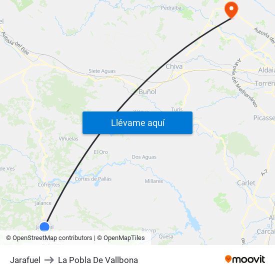 Jarafuel to La Pobla De Vallbona map