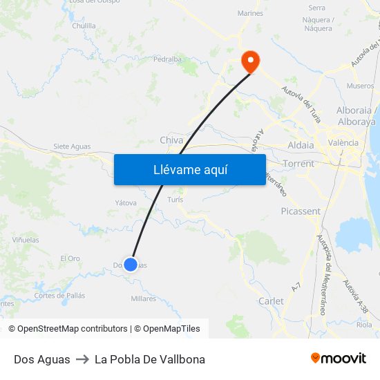 Dos Aguas to La Pobla De Vallbona map