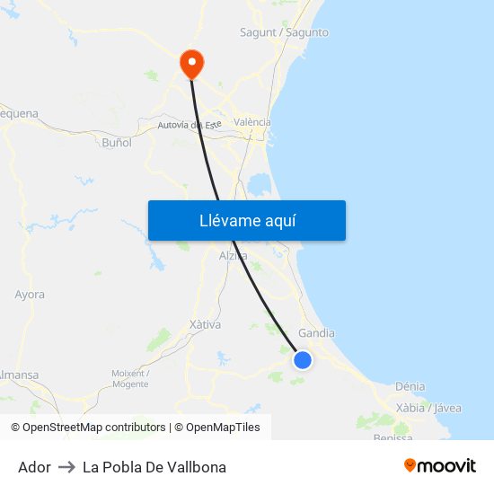 Ador to La Pobla De Vallbona map