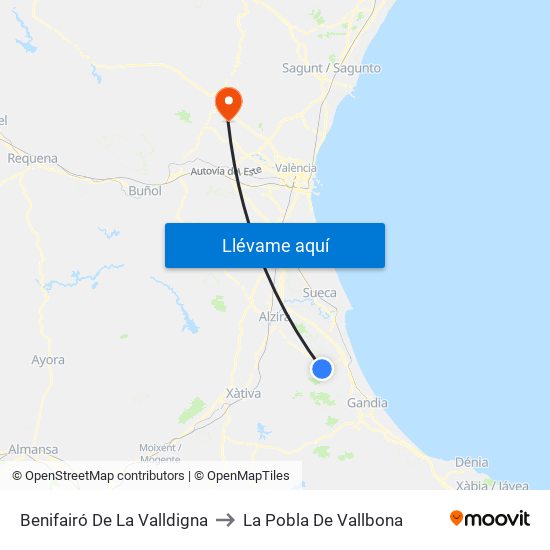 Benifairó De La Valldigna to La Pobla De Vallbona map