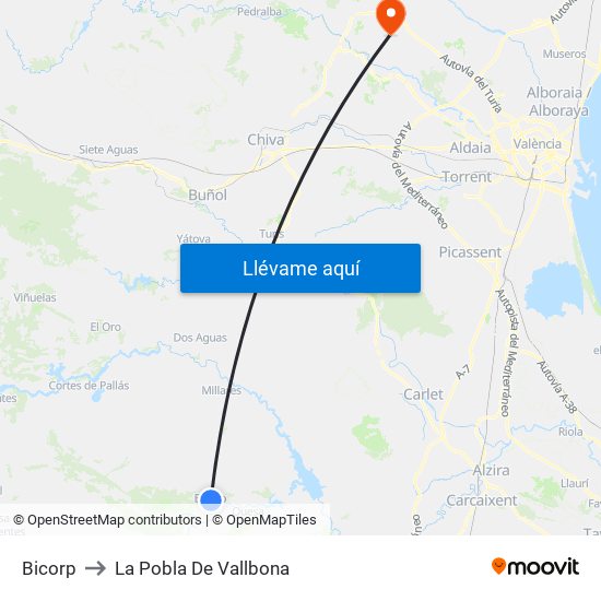 Bicorp to La Pobla De Vallbona map