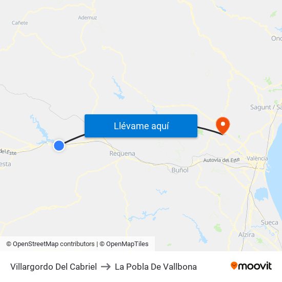 Villargordo Del Cabriel to La Pobla De Vallbona map