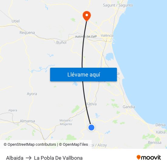 Albaida to La Pobla De Vallbona map