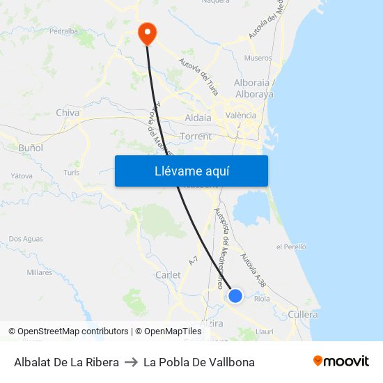 Albalat De La Ribera to La Pobla De Vallbona map