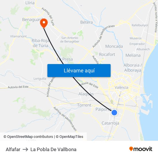 Alfafar to La Pobla De Vallbona map