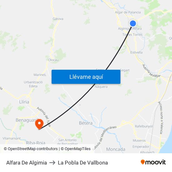 Alfara De Algimia to La Pobla De Vallbona map