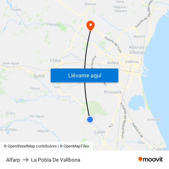 Alfarp to La Pobla De Vallbona map
