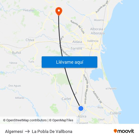 Algemesí to La Pobla De Vallbona map