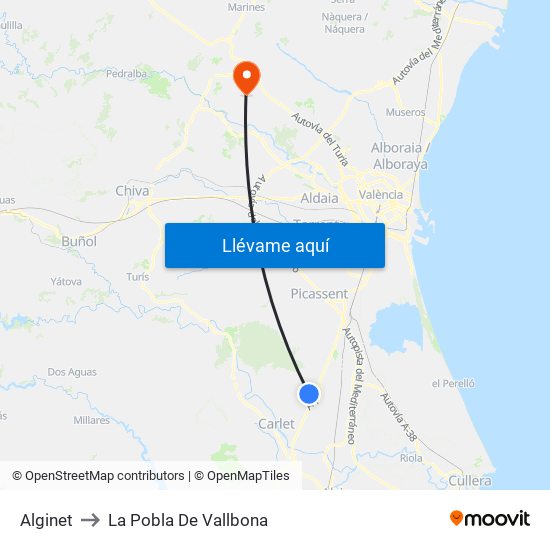 Alginet to La Pobla De Vallbona map