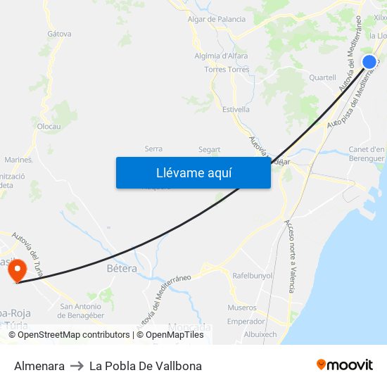 Almenara to La Pobla De Vallbona map