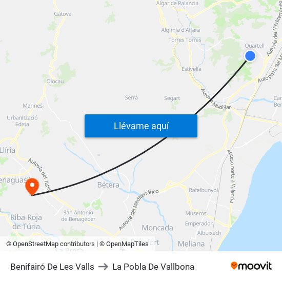 Benifairó De Les Valls to La Pobla De Vallbona map