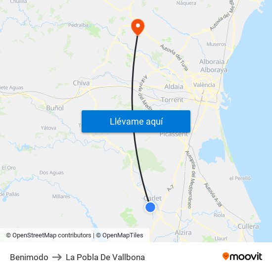Benimodo to La Pobla De Vallbona map