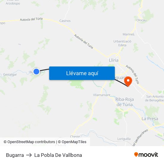 Bugarra to La Pobla De Vallbona map