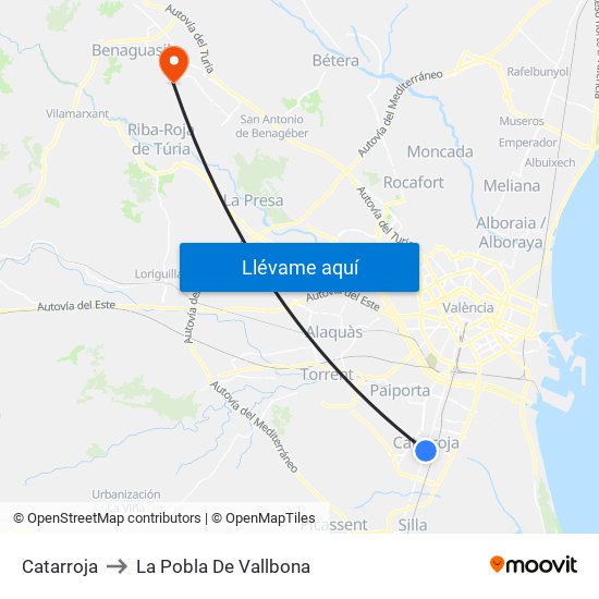 Catarroja to La Pobla De Vallbona map