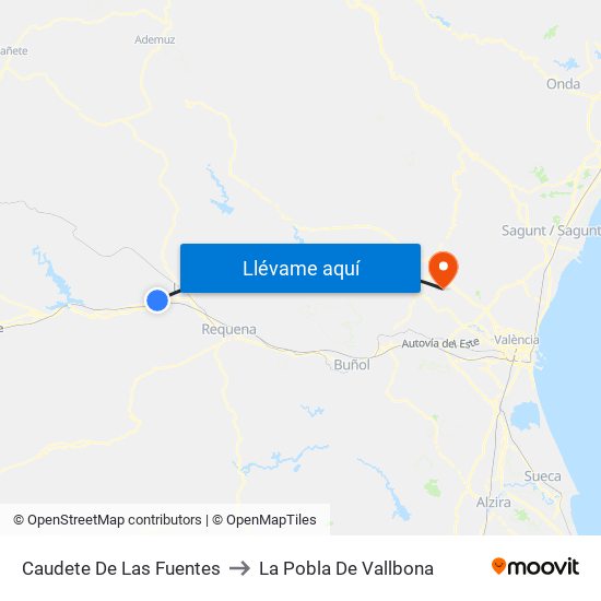 Caudete De Las Fuentes to La Pobla De Vallbona map
