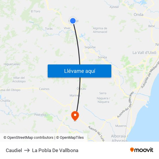 Caudiel to La Pobla De Vallbona map