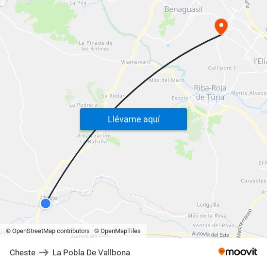 Cheste to La Pobla De Vallbona map
