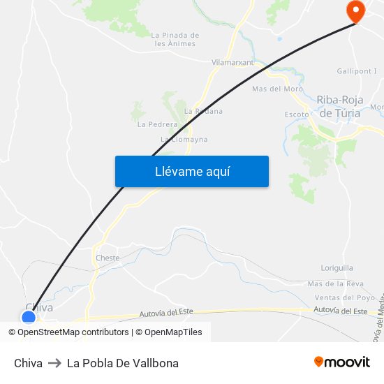 Chiva to La Pobla De Vallbona map