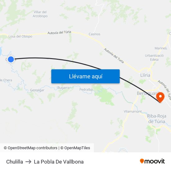 Chulilla to La Pobla De Vallbona map