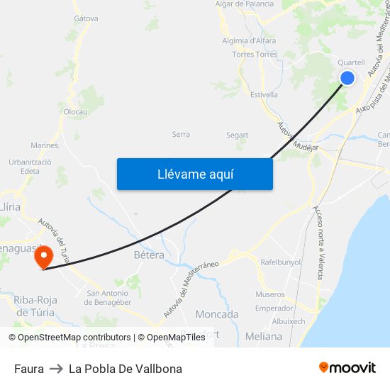 Faura to La Pobla De Vallbona map