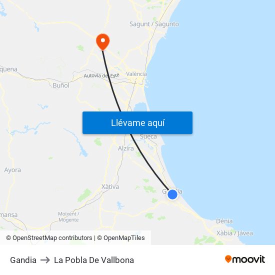 Gandia to La Pobla De Vallbona map