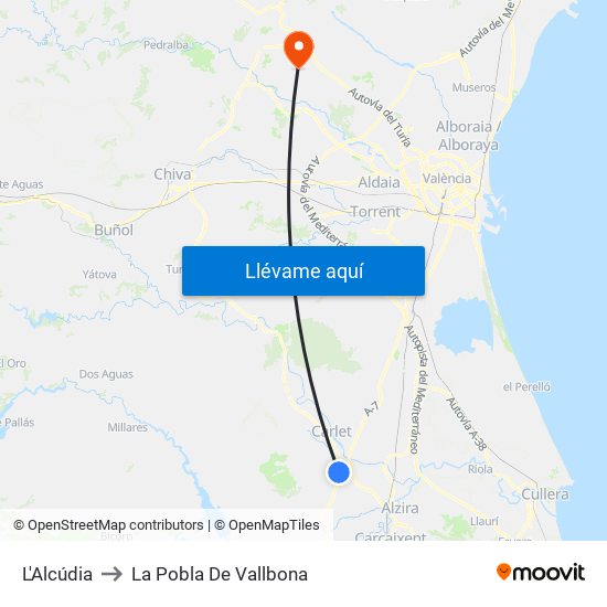 L'Alcúdia to La Pobla De Vallbona map