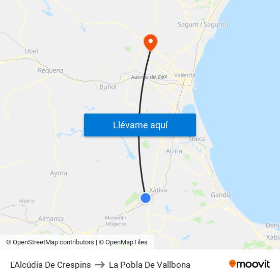 L'Alcúdia De Crespins to La Pobla De Vallbona map