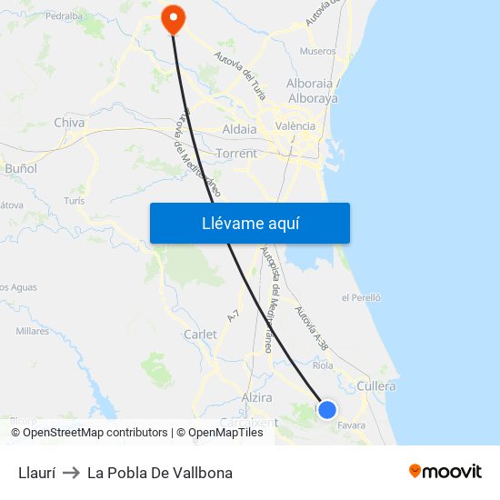 Llaurí to La Pobla De Vallbona map