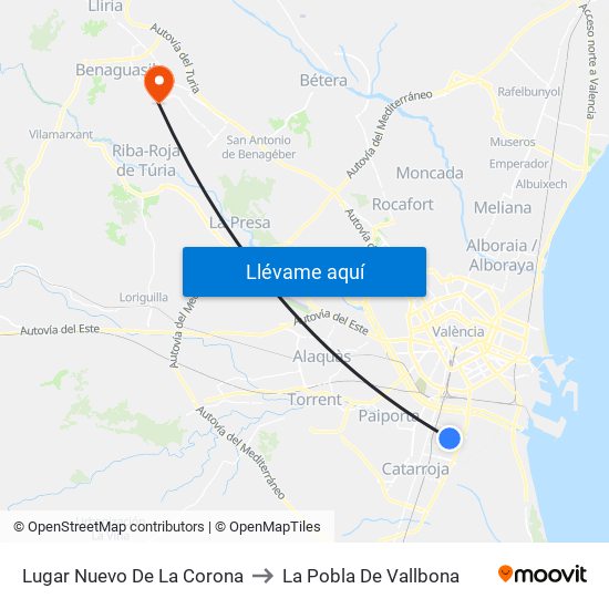 Lugar Nuevo De La Corona to La Pobla De Vallbona map