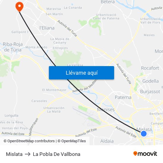 Mislata to La Pobla De Vallbona map