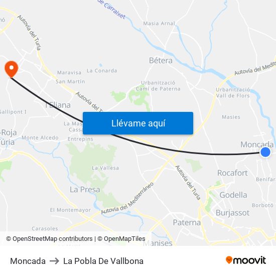 Moncada to La Pobla De Vallbona map