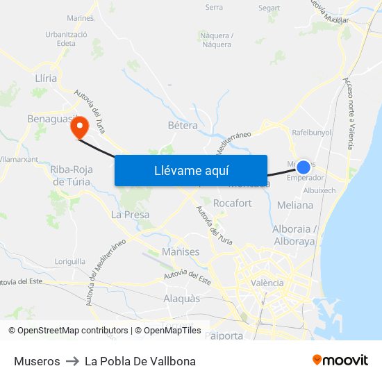 Museros to La Pobla De Vallbona map