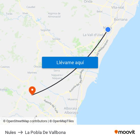 Nules to La Pobla De Vallbona map