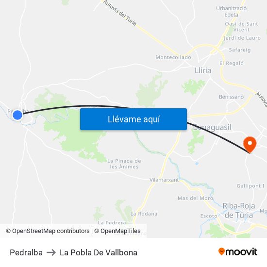 Pedralba to La Pobla De Vallbona map