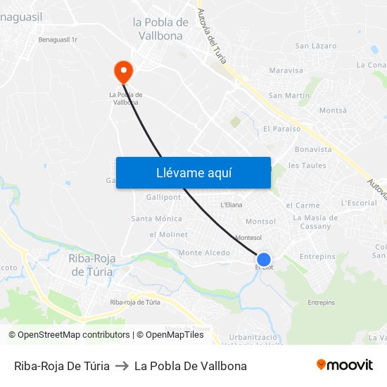 Riba-Roja De Túria to La Pobla De Vallbona map
